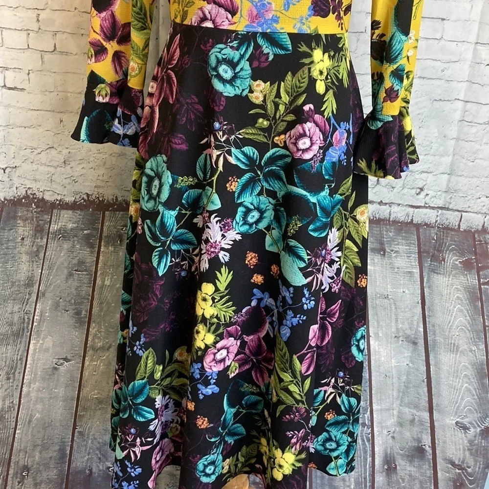ELIZA J NWOT Floral Color Block MIDI Dress Long Bell Sleeves Sz 4 Dark Romantic - Picture 14 of 16